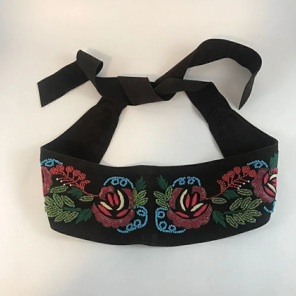 Ibisco Beaded & Embroidered Brown Suede Tie Belt